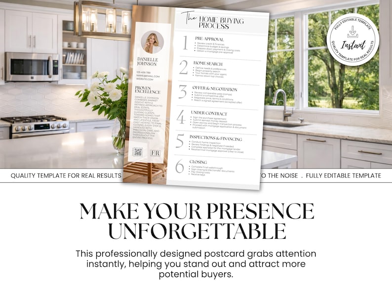 May include: A professionally designed postcard template with the text "The Home Buying Process" and "Make Your Presence Unforgettable." The template includes a photo of a woman and a list of steps.