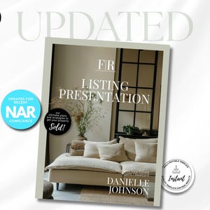 Könnte beinhalten: Eine Vorlagenpräsentation mit dem Text „LISTING PRESENTATION“ und „DANIELLE JOHNSON“. Die Vorlage enthält ein Foto eines beigen Sofas mit Kissen. Zusätzlicher Text lautet „UPDATED FOR RECENT NAR COMPLIANCE“ und „Sold!“