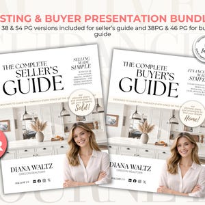 Pode incluir: Um pacote de apresentação para compradores e vendedores com dois guias intitulados The Complete Seller's Guide e The Complete Buyer's Guide. Cada capa mostra uma cozinha, uma pessoa com braços cruzados e o nome Diana Waltz Oregon Realtor.