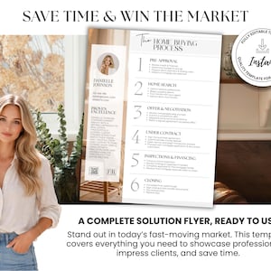 May include: A flyer with the text "Save Time & Win the Market" and "The Home Buying Process." The flyer includes a photo of a woman and a list of steps. The flyer also has the text "A Complete Solution Flyer, Ready to Use."