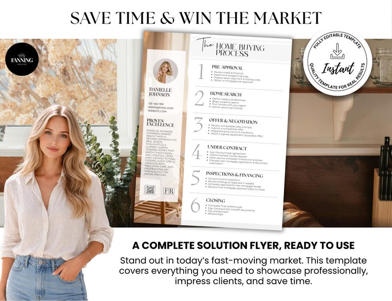 May include: A flyer with the text "Save Time & Win the Market" and "The Home Buying Process." The flyer includes a photo of a woman and a list of steps. The flyer also has the text "A Complete Solution Flyer, Ready to Use."
