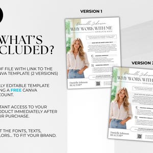 Puede incluir: Dos versiones de un folleto con el texto "Por qu&eacute; trabajar conmigo" y el nombre "Danielle Johnson, Realtor". El folleto incluye una foto de una mujer y enumera caracter&iacute;sticas como una plantilla de Canva, fuentes editables y acceso instant&aacute;neo.