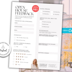 Könnte beinhalten: Ein weißes Open House Feedback Formular mit Bereichen für Besucherinformationen, Käufer-Einsichten und eine Bewertungsskala. Das Formular enthält den Text "Edit in Canva" und ein Logo für Danielle Johnson, Oregon Realtor.