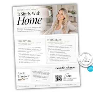 Puede incluir: Un folleto de marketing inmobiliario titulado It Starts With Home de Danielle Johnson. El documento incluye secciones para compradores y vendedores, información de contacto, un código QR y una foto de una persona sonriente con blazer.