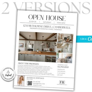 Op de afbeelding: Een witte flyer voor een Open Huis met zwarte tekst, met details en afbeeldingen van een woning. De flyer promoot een woning aan de Hawthorne Drive 12, Camberwell, met de tekst "OPEN HOUSE" bovenaan.