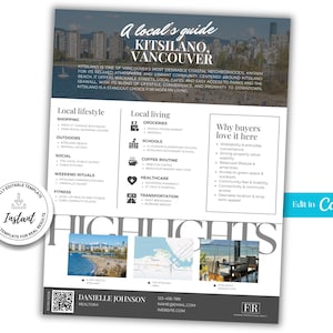 Puede incluir: Una guía blanca y gris de Kitsilano, Vancouver, con el texto "A local's guide" en la parte superior. La guía incluye secciones sobre estilo de vida local, vida y por qué a los compradores les encanta la zona. La parte inferior presenta la información de contacto de un agente inmobiliario.