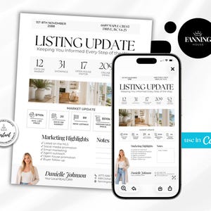 Op de afbeelding: Een digitaal sjabloon voor vastgoedvermeldingen weergegeven op een smartphone en een geprint document. Het ontwerp bevat de tekst Listing Update, marktstatistieken, marketinghoogtepunten en een foto van een kamer met een logo.