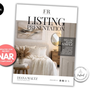 May include: A digital listing presentation template featuring the text LISTING PRESENTATION, SELLING MADE SIMPLE, and DIANA WALTZ OREGON REALTOR. A pink circular badge reads UPDATED FOR RECENT NAR COMPLIANCE, and a white circular badge indicates it is a fully editable template.