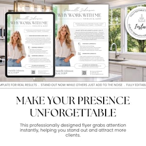 Puede incluir: Plantilla de folleto digital con el texto "Por qu&eacute; trabajar conmigo" y el nombre "Danielle Johnson, Realtor". El folleto presenta una foto de una mujer e incluye el texto "Haz que tu presencia sea inolvidable."