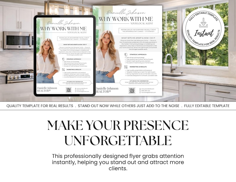 Puede incluir: Plantilla de folleto digital con el texto "Por qu&eacute; trabajar conmigo" y el nombre "Danielle Johnson, Realtor". El folleto presenta una foto de una mujer e incluye el texto "Haz que tu presencia sea inolvidable."
