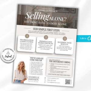 Może przedstawiać: Szablon ulotki marketingowej dla nieruchomości z tekstem Selling Alone? You Don't Have To Do It Alone, Danielle Johnson oraz sekcjami dotyczącymi konsultacji, planów marketingowych i wyników. Zawiera zdjęcie i dane kontaktowe.