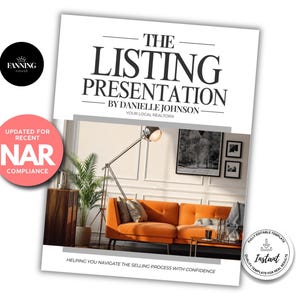 May include: A digital document titled THE LISTING PRESENTATION BY DANIELLE JOHNSON, YOUR LOCAL REALTOR. It features a photo of an orange sofa, a floor lamp, and a plant. A pink circular badge reads UPDATED FOR RECENT NAR COMPLIANCE.