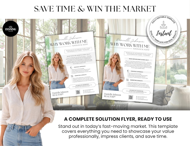Puede incluir: Imagen promocional con una mujer y dos folletos. Los folletos dicen "Por qu&eacute; trabajar conmigo" y el nombre "Danielle Johnson, Realtor". El texto de arriba dice "Ahorra tiempo y gana el mercado". El texto de abajo dice "Un folleto de soluci&oacute;n completo, listo para usar."