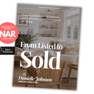 May include: A marketing flyer titled From Listed to Sold by Danielle Johnson Oregon Realtor. It features a living room interior, a pink circle badge stating Updated for Recent NAR Compliance, and a black megaphone icon labeled New Release.