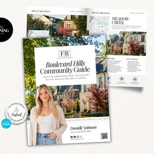 May include: A multi-page real estate community guide template featuring the text Boulevard Hills Community Guide, a photograph of a residential home, and a section for a realtor profile. The design includes a map, local attraction details, and a QR code.