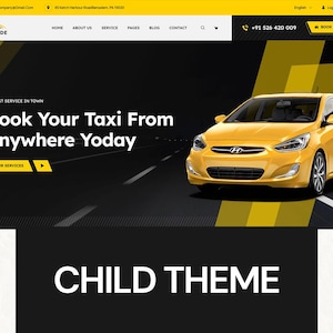 Op de afbeelding: Een website-ontwerp met een gele taxi en de tekst "CITYRIDE" en "Boek uw taxi vanaf elke locatie vandaag." Het ontwerp maakt gebruik van een zwart-geel kleurenschema met een moderne esthetiek. De website bevat ook een telefoonnummer en een knop met de tekst "BOOK A TAXI."