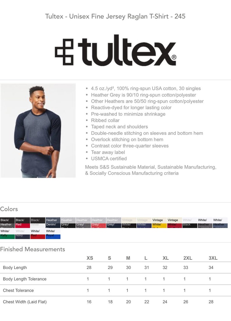 May include: A unisex raglan T-shirt by Tultex. The shirt is heather grey with navy blue three-quarter sleeves. The image also shows the shirt's features, including a ribbed collar and double-needle stitching. The shirt is available in sizes XS to 3XL.
