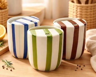 Hand-Painted Ceramic Striped Travel Tumbler, Modern Sip Mug
