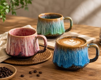 Handmade Reactive Glaze Ceramic Mug, Rustic Coffee Cup, Artisan Pottery Latte Cup, A Gift for Dad, Housewarming Gift