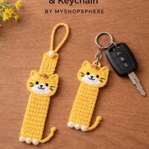 Peut inclure: Ensemble de marque-page et porte-clés chat au crochet jaune. Le marque-page a une boucle et une perle. Le porte-clés a un anneau métallique et une clé de voiture. Les deux ont un visage de chat avec des détails blancs et marron.