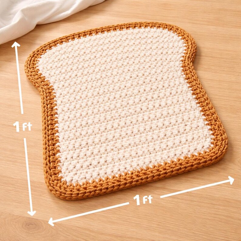 May include: A crocheted rug shaped like a slice of bread, measuring 1 foot by 1 foot. The rug features a cream-colored center with a brown crust border, resembling a piece of toast. The handmade rug is placed on a wooden surface.