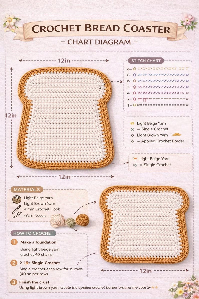 May include: A crochet bread coaster chart diagram. The coaster is shaped like a slice of bread, with a light beige center and a brown crust. The diagram includes stitch charts, materials, and instructions. The coaster measures 12 inches by 12 inches.