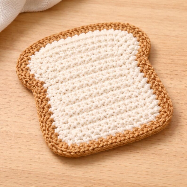 May include: A handmade, crocheted coaster shaped like a slice of bread. The coaster features a cream-colored center with a brown, textured crust. The coaster is designed to protect surfaces from hot or cold beverages.