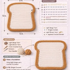 May include: Crochet bread coaster chart diagram, 5 inches by 5 inches. The coaster is shaped like a slice of bread with a light beige center and a brown crust. Includes materials list, stitch chart, and instructions.