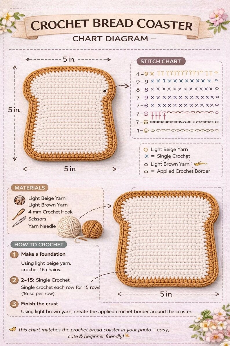 May include: Crochet bread coaster chart diagram, 5 inches by 5 inches. The coaster is shaped like a slice of bread with a light beige center and a brown crust. Includes materials list, stitch chart, and instructions.