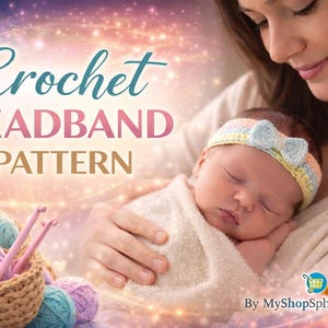 May include: A newborn baby wearing a crocheted headband with a bow, held by a person. The image features the text "Crochet HEADBAND PATTERN" and a basket of yarn and crochet hooks. Soft colors and a dreamy background.