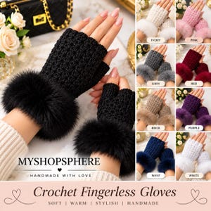 May include: Black fingerless crochet gloves featuring a textured star-like stitch pattern and a thick, fluffy faux fur cuff. The text MYSHOPSPHERE HANDMADE WITH LOVE and Crochet Fingerless Gloves is visible at the bottom of the image.