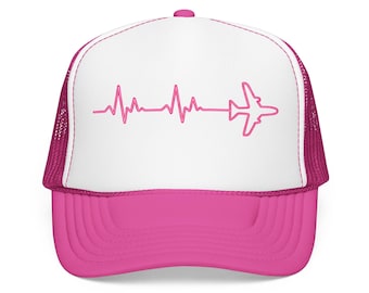Herzschlag Flug Line Art Foam Trucker Hat | Pinkes Flugzeug-EKG