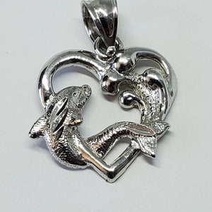 14k White Gold Dolphin Wave Heart Pendant