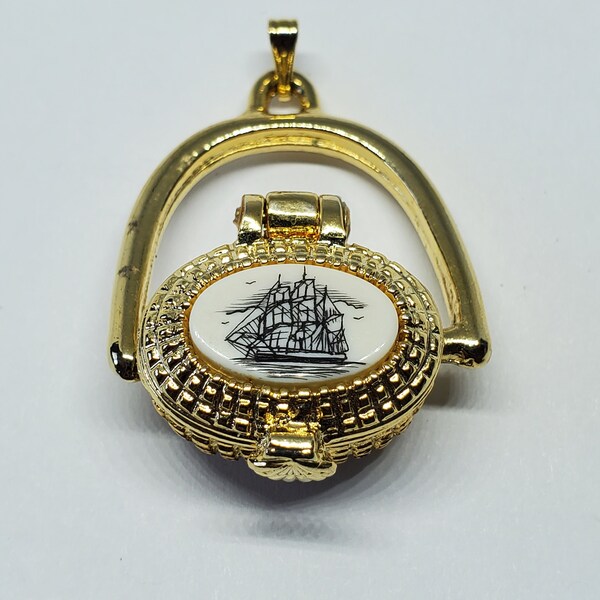 PAI Gold Tone Pewter Faux Scrimshaw Ship Pill Box Pendant