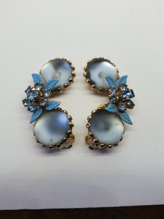 Blue Frosted Cabochon Flower Climber Clip On Earri