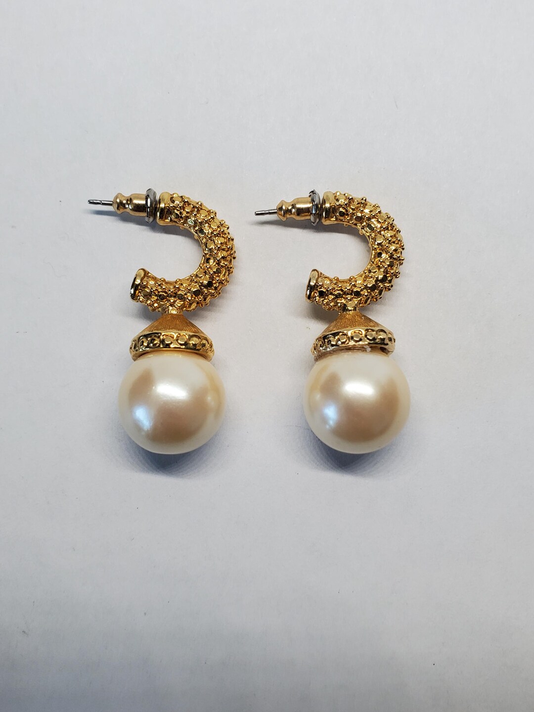 Faux Pearl Gold Tone Bumpy Textured Half Hoop Dangle Earrings - Etsy