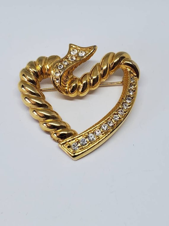 Vintage Gold Tone Heart Ribbon Rhinestone Brooch