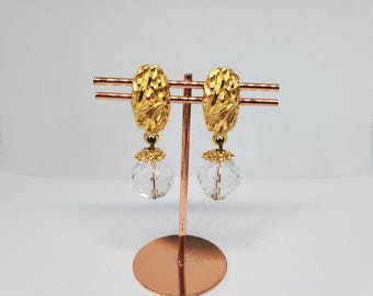 Pendientes colgantes de clip con cuentas de cristal transparente en tono dorado vintage