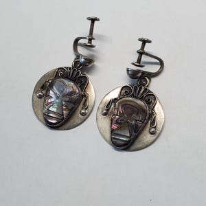 Vintage Mexican Sterling Silver Carved Abalone Aztec Mask Screwback Earrings