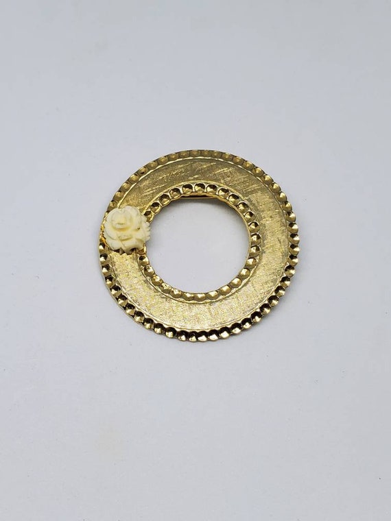 Gold Circle Ivory Celluloid Carved Rose Brooch