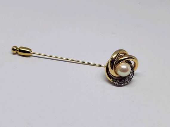 14k Yellow Gold Pearl and Diamond Knot Stick Pin - image 1