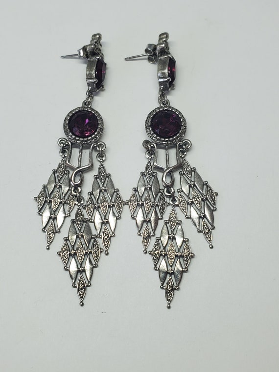1928 Silver Tone Purple Crystal Ornate Dangle Earr