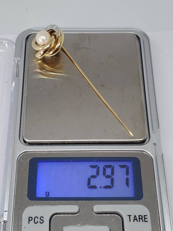 14k Yellow Gold Pearl and Diamond Knot Stick Pin - image 10