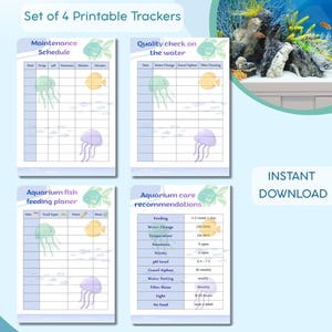 Puede incluir: Paquete de planificador de cuidado de acuario con 4 rastreadores imprimibles. Incluye programa de mantenimiento, control de calidad del agua, planificador de alimentación de peces y recomendaciones.