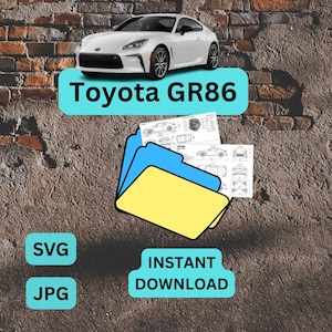 Może przedstawiać: Biały samochód sportowy Toyota GR86 nad stosem niebieskich i żółtych folderów zawierających techniczne rysunki liniowe pojazdu. Obraz zawiera tekst Toyota GR86, SVG, JPG oraz INSTANT DOWNLOAD na jasnoniebieskich etykietach.