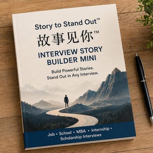May include: A softcover book titled Story to Stand Out Interview Story Builder Mini with Chinese characters, featuring a mountain landscape illustration with a winding road and a person standing on it, plus text about job, school, MBA, and internship.