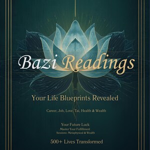 May include: An artistic graphic with the text "Bazi Readings" and "Your Life Blueprints Revealed." The design features a teal lotus flower and gold decorative borders. The text also mentions career, love, health, and wealth.