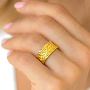 14k Gold Filigree Statement Ring, Unique Woven Pattern Jewelry, Handmade Boho Wedding Band