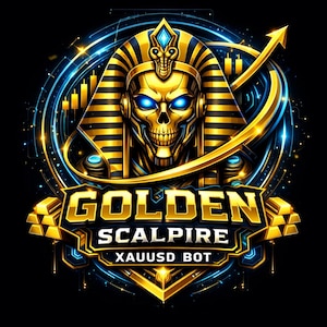 May include: A digital illustration featuring a golden skull wearing a pharaoh's headdress, with glowing blue eyes. The text "GOLDEN SCALPIRE XAUUSD BOT" is displayed in gold. The design includes a rising arrow and a circular blue and gold frame.