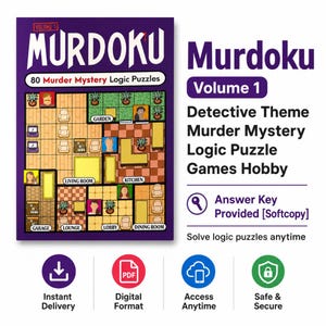 Può includere: Una copertina di libro viola intitolata Murdoku Volume 1 contenente 80 Murder Mystery Logic Puzzles. La copertina mostra una planimetria basata su una griglia con stanze come giardino, soggiorno, cucina, garage, salotto, atrio e sala da pranzo. Il testo include Detective Theme Murder Mystery Logic Puzzle Games Hobby, Answer Key Provided Softcopy e Solve logic puzzles anytime.